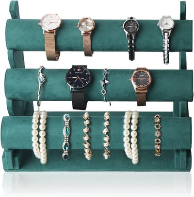 Elegante 3-laagse Sieradenstandaard met T-Bar, Organiser voor Armbanden, Kettingen en Horloges (Donkergroen)
