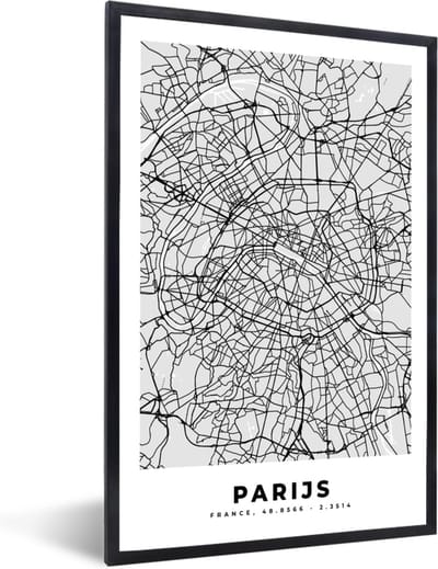 Fotolijst incl. Poster Zwart Wit- Parijs - Stadskaart - Zwart Wit - Plattegrond - Kaart - 40x60 cm - Posterlijst