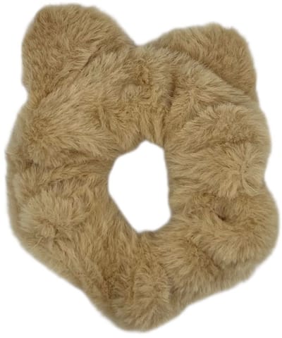 Scrunchie - elastiek - zachte furry stof - met oortjes - zandkleur