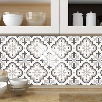 10 zelfklevende wandtegels met bloemenpatroon - waterdichte muursticker voor keuken en badkamer - geschikt voor woonkamer, keuken en vloerdecoratie - ook geschikt voor trappen en vloeren - grijs/wit - 20 x 20 cm
