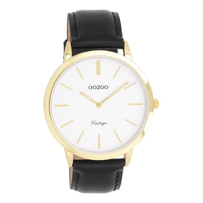 OOZOO Vintage series - Goudkleurige horloge met zwarte leren band - C20386
