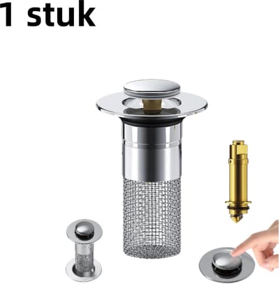 1 stuk - Afvoerstop voor wastafel - Anti-verstopping wastafel - Pop-up filter - Geurvrije afvoer - Drukknop - Universeel voor wastafels - Koperen kern met kleine diameter - Zilver