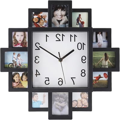 Allecta - Vierkante wandklok met fotolijst voor 12 foto's - Fotolijstklok voor persoonlijke foto's - Wandklok met fotolijsten - Decoratieve fotoklok