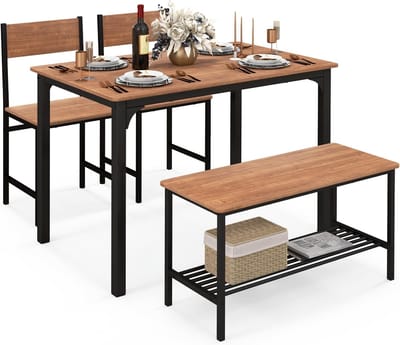 Eetkamerset - Tafel met stoelen - Compact wonen - Inclusief bankje - 110 x 70 cm - Houtkleurig