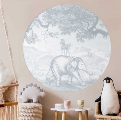 Behangcirkel 60cm Studio Wallz - Baby olifant en zebra schets blue