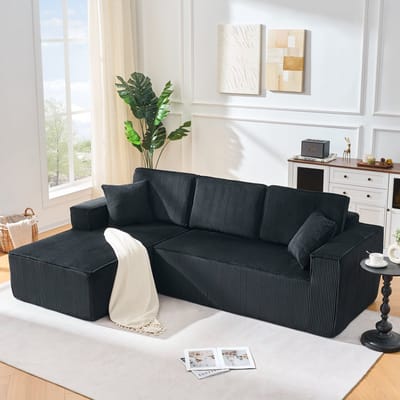 DESMIU Hoekbank 235 x 128 x 60 cm - Modulair L-Vorm Design Met Chaise Longue En 2 Kussens - Voor Woonkamer En Appartement - Corduroy Zwart