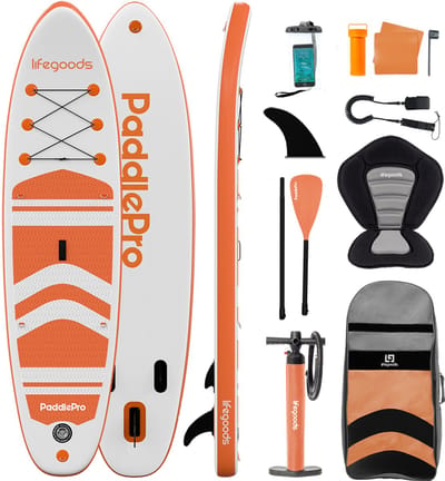 LifeGoods PaddlePro SUP Board - met Zitje - Opblaasbaar Paddle Board - Complete Set - Max. 150KG - 320x81cm - Wit/Oranje