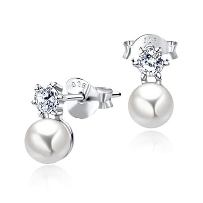 Joy|S - Zilveren parel met kristal oorbellen - elegante oorknoppen - 5.5 x 10 mm