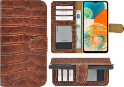 MoDo hoesje Geschikt voor Samsung Galaxy A23 - Echt Leer Book Case - Croco Kaneelbruin