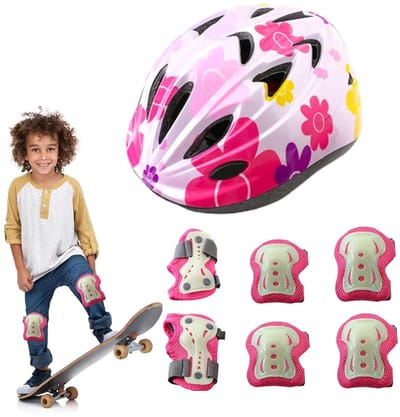 Kinderbeschermingsset - Knie- en elleboogbeschermers - Veilig sporten - Fluorescerend ontwerp - Set van 6 - Roze