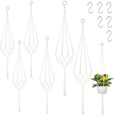 Dailygoods- Macramé Plantenhangers - 6 Stuks - Hanglampen Set - Katoenen Touw - S-haken - Bloemenhangerhouder - Duurzaam en Milieuvriendelijk - Bloemenhanger