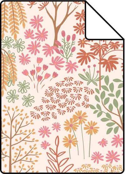 Proefstaal ESTAhome behang bomen en bloemen terracotta, roze en groen - 26.5 x 21 cm - 131185-S