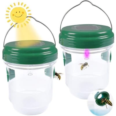 Set van 2 hangende zonne-wespenvallen met LED-licht, herbruikbare vliegen- en hoornaarvallen voor buiten en binn groen