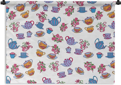 Wandkleed - Wanddoek - Patronen - Thee - Rozen - Theepot - 60x45 cm - Wandtapijt