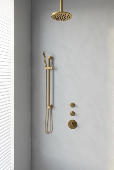 Brauer Gold Edition thermostatische inbouw regendouche SET 17 met 20 cm douchekop en plafondarm en staaf handdouche en doucheslang en geïntegreerde glijstang goud geborsteld PVD