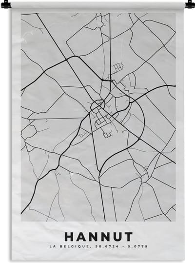 Wandkleed - Wanddoek - Zwart Wit – België – Plattegrond – Stadskaart – Kaart – Hannut - 120x180 cm - Wandtapijt