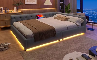 Slaapbank - Daybed - Dagbed - 140x200cm - Slaapbank met lattenbodem (zonder matras) - Sfeerverlichting met afstandsbediening - Hoofdbord met knoopjes - Linnen - Grijs