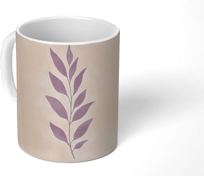 Mok - Koffiemok - Tak - Bladeren - Minimalistisch - Beige - Mokken - 350 ML - Beker - Koffiemokken - Theemok