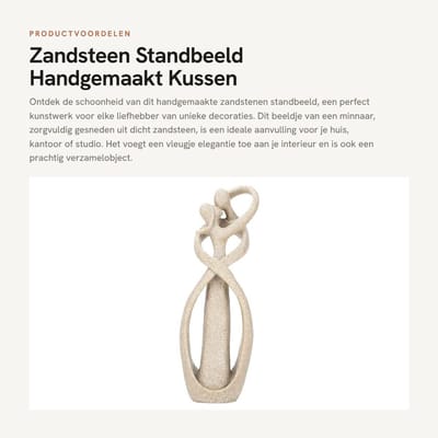 Dailygoods- Standbeeld Zandsteen - Sculptuur Liefde - Handgemaakt Beeld - Decoratie Thuis/Kantoor - 21,5 cm Hoogte - Uitstekend Vakmanschap