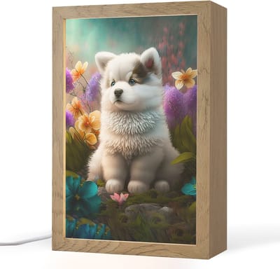 Nachtlampje 20x30 cm - Kinder lampje - Puppy - Bloemen - Planten - Natuur - Husky - Tafellamp kinderkamer - Slaapkamer lamp - Bedlamp kinderen - Kinderlampje stopcontact - Wandlamp babykamer - Nachtlampjes