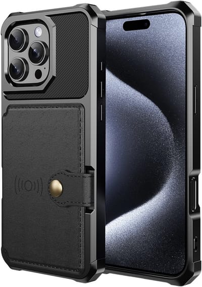 YPCd Hardcase Kaarthouder Hoesje – Geschikt voor Apple iPhone 16 Pro Max – Shockproof Backcover met Pasjesvak en Drukknop – Magneet voor Autohouder – Zwart