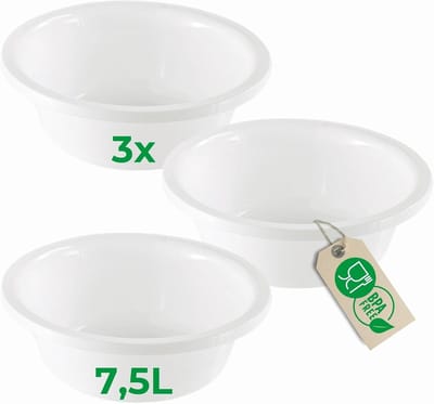 Novaliv 3x Afwaskommen Rond 7,5L, D36 cm, Wit, BPA-vrij Vaatwasserbestendig Ideaal voor keuken en camping, ronde kom, grote plastic kom, waskom, plastic kom, deegkom
