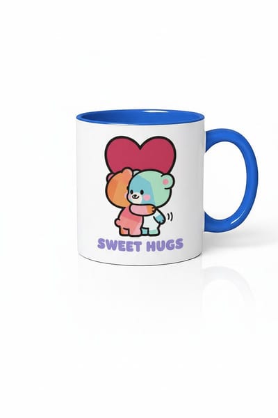Sweet Hugs Mok met Knuffelende Beren | Schattig Design | Blauwe Binnenkant & Oor | Liefdes Cadeau