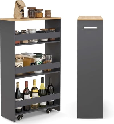 Dailygoods 4-laags uittrekbare keukenkar, 20 cm smalle trolley met wielen en open planken grijs