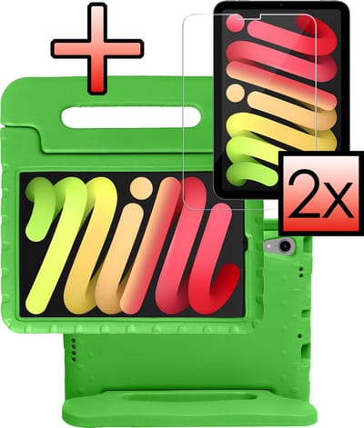 Hoes - Geschikt voor Apple iPad Mini 7 (2024) - 8.3 inch - 7e Generatie - Met 2x Screenprotector - Kinderhoes Shockproof Bumper - Kidsproof Case - Tablet Hoesje - Kinder Cover - Groen