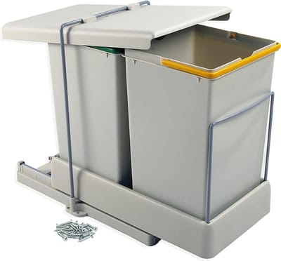 Emuca Inbouw Prullenbak - 2 x 14 L - Afvalemmer - Afvalbak - 2 Containers - Geschikt voor 400 mm Kastbreedte - Uitschuifbaar - Grijs