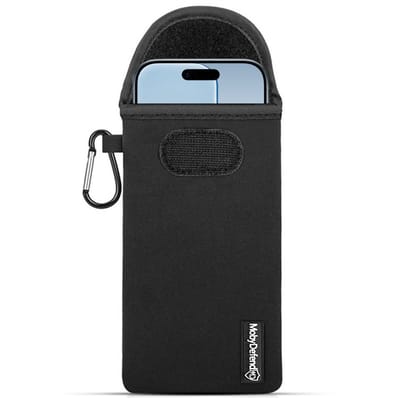MobyDefend Hoesje - Geschikt voor iPhone Air - Neopreen Pouch Met Karabijnhaak - Insteek - Riemlus - Zwart