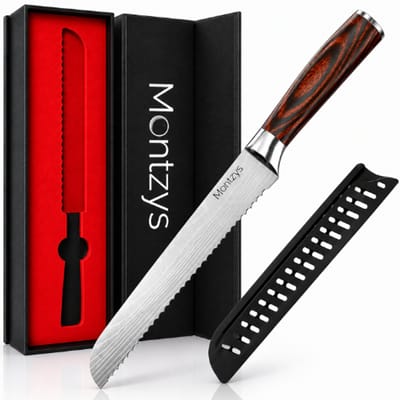Montzys® Professioneel Broodmes - 20CM & Vlijmscherp - broodsnijder & Keukenmes met Japans Damascus Stijl - RVS broodmessen Gekarteld - Inclusief Luxe Geschenkdoos