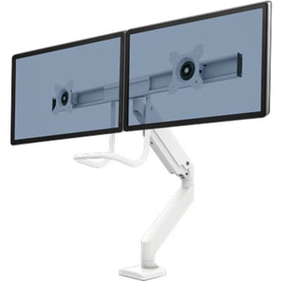 Fellowes® Eppa™ monitor arm, voor 2 beeldschermen tot 32" & tot 8 kg elk, in hoogte verstelbaar/zwenk/kantel, dwarsbalk ontwerp, kabelgeleider, tafelklem, wit