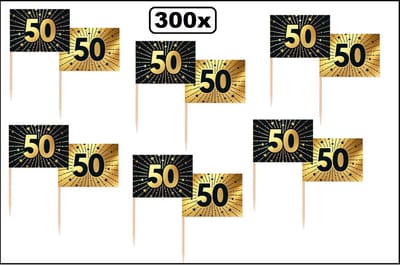 300x Cocktail/vlag prikkers 50 jaar goud/zwart - Vlag prikker Jubileum verjaardag thema feest koperen bruiloft cocktail prikke