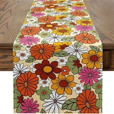 1 st Boheemse Linnen Tafel Runner - Vintage Funky Bloemendesign, Hippie Flower Power, Natuurlijke Tuinplanten Lente Thema 150x33cm white