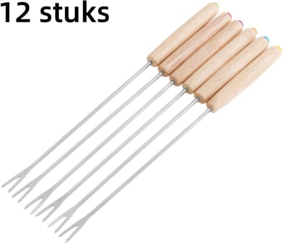12-delige set - Fruitvork - Fonduevork voor kaas - BBQ-vork - Chocoladefonduevork - Kaasvork - Vleesvork - Houten handvat - Roestvrijstalen vork - Wijnvork - Hittebestendig - Vaatwasmachinebestendig - 24 x 1 cm - Zilver