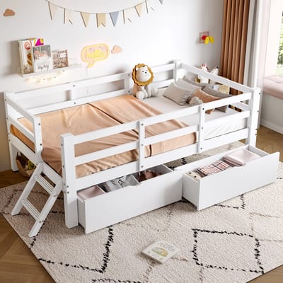 Houten kinderbed 90x200 - veiligheidshekje - platformbed met 2 opberglades - MDF en grenenhout - 15 latten - wit - voor de kinderkamer