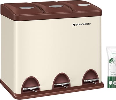 Vuilnisbak 3 x 8 Liter – Met deksel en binnenemmer crème –wit –bruin