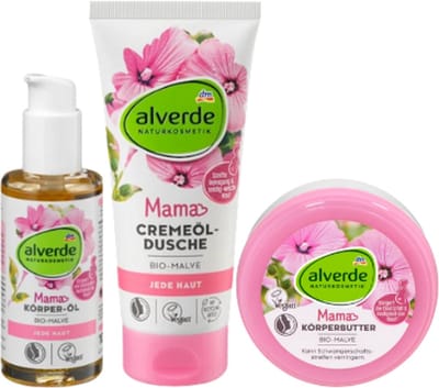 Alverde Naturkosmetik - Zwangerschapsverzorgingsset - Set van 3 | Mama Lichaamsolie - Crèmedouche - Body Butter Kruiden | Zwangerschap Musthave - Voor Elastische en Stevige huid
