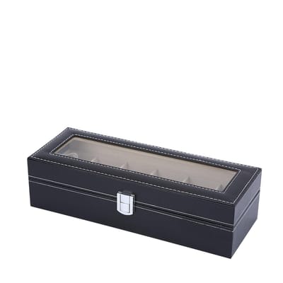 Dailygoods- Horloge Box Elegant Design - Zwarte PU Leer - Glazen Deksel - Zachte Fluwelen Voering - 6-Pocket Opbergdoos - Geschikt voor Mannen/Vrouwen - Sieradenbox