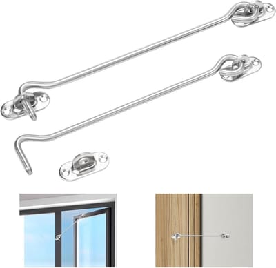 Set van 2 roestvrijstalen stormhaken met oog, 20 cm lange bevestigingshaken voor ramen, stevige haken voor buitengebruik en bevestiging