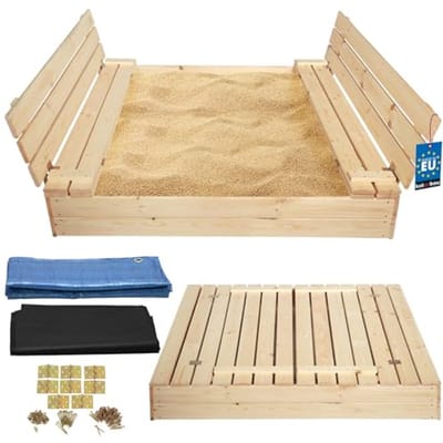 KOTARBAU® Houten Zandbak - 140 x 140 cm - Natuurlijk - Zandbak met Deksel - en Bankjes - Met Grondzeil - Buitenspeelgoed