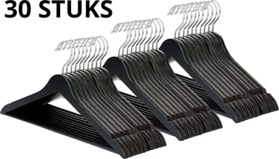 Wicotex-Kledinghanger – SET 30 stuks - houten-kleerhanger, met rok inkepingen en broekspijpen, draaibare haak, Dames en heren kleding - ZWART