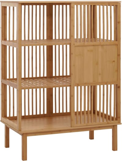 Bamboe vloerplank MCW-N81, badkamermeubel Badkamermeubel Ladekast, 3 planken Schuifdeur MVG 115x80x45cm