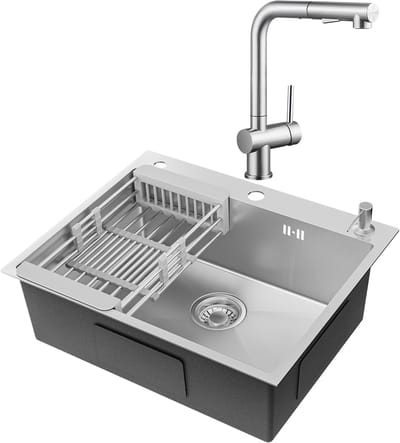 CECIPA max Spoelbakken Keuken RVS 60x49CM - Spoelbak Keuken Met Keukenkraan met Uittrekbare Uitloop - Spoelbak Met Kraangat - Spoelbak Met Zeepdispenser - Overloop en Sifon