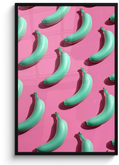 Poster in lijst - Fotolijst 80x120 cm - Posters - Bananen - Patroon - Blauw - Roze - Posterlijst zwart - Decoratie - Wanddecoratie woonkamer - Muurdecoratie slaapkamer