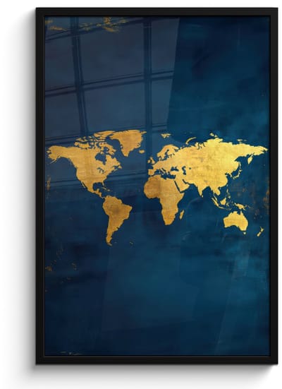 Poster in lijst - Fotolijst 60x90 cm - Posters - Wereldkaart - Goud - Donkerblauw - Posterlijst zwart - Decoratie - Wanddecoratie woonkamer - Muurdecoratie slaapkamer