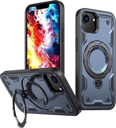 Magsafe Hoesje Geschikt voor iPhone 16e / iPhone 17e Hoesje Blauw - Armor Hoesje met Met Draaibare Ring Houder