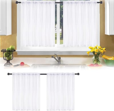 Witte Korte Gordijnen 76 x 60 cm voor de Keuken, Semi-Transparant met Trekkoord, Privacy Scherm en Bistro Gordijnen van Polyester