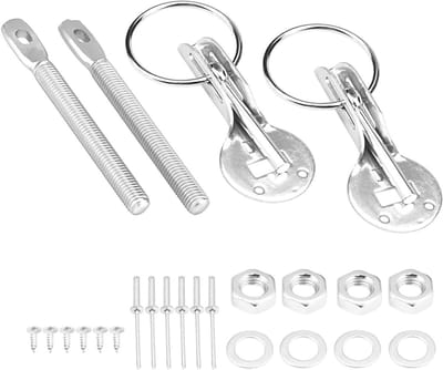 Hood Pin Lock Kit voor Racers - Rvs Bonnet Pin Plate en Lock Clip Set voor Sportauto's in Zwart, Rood, Blauw en Zilver - Veiligheid en Stijl voor Autoliefhebbers